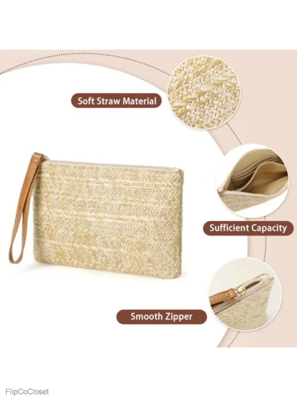Straw Wristlet Purse Woven Beach Clutch with Zipper, Detachable Chain Strap